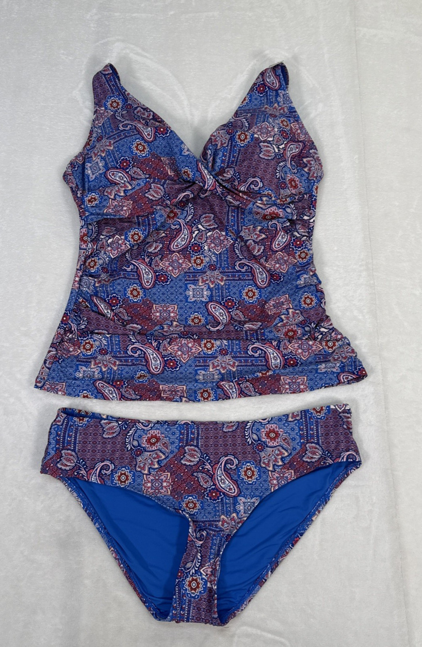 NWOT Nip Tuck Swim Two Piece Paisley Printed Tankini Swimsuit Blue Pink 12 Chrty